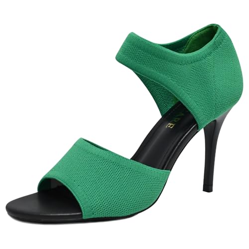 Image of Peep Toe Heels for Women Sexy 3 Inches Stiletto Heeled Sandals for Women Open Toe Wide Stretchy Knit Heel Sandal Booties Slip On Comfortable Dressy Shoes for Prom, Party and Work