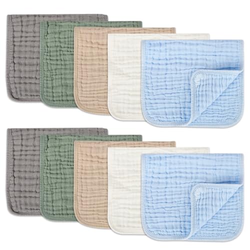 Image of Arnzion Muslin Burp Cloths Set for Babies 100% Cotton Baby Washcloths, Large 20''x10'' Extra Absorbent and Soft 10 Pack for Boys & Girls Blue Grey Green