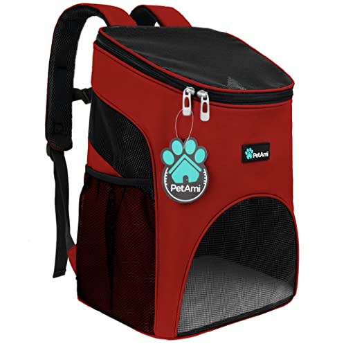PetAmi Mochila para gatos, aprovada por companhias aéreas, para cães pequenos e grandes gatos, lado macio, dobrável, ventilada com cama sherpa para caminhadas, viagens, máx. 8 kg, vermelha