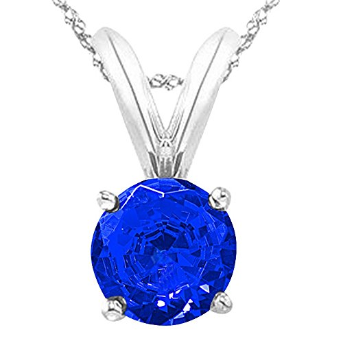 Near 1 Carat 14K White Gold Round Sapphire 4 Prong Solitaire Pendant Necklace (AAA Quality) W/ 16