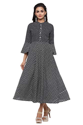 Image of JAPER KURTI Women'S Black & White Fit and Flare Anarkali Kurta with Geometric Print | Bell Sleeves & Mandarin Collar | Ethnic & Casual Wear