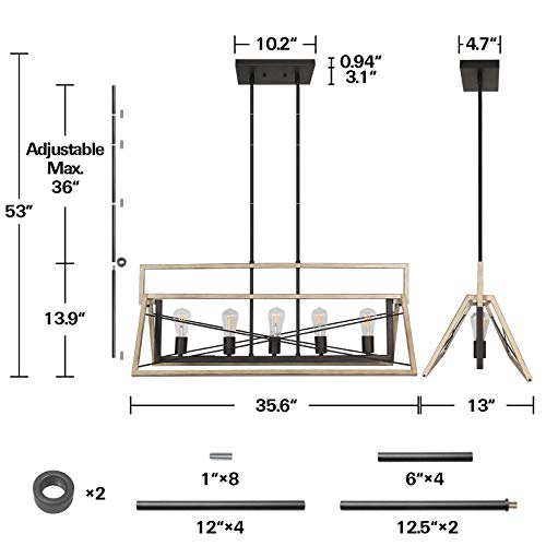 5 Light Farmhouse Linear Chandelier, 35 inch Dining Room Lighting Fixtures, Kitchen Island Pendant Lights, Rustic Pendant Light Fixture for Kitchen Island Breakfast Bar Dining Room - Image 4