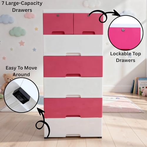 Image of The Tickle Toe 7-Drawer Plastic Chest for Kids | Multipurpose Organizer & Wardrobe for Clothes & Toys with Locks | Portable Storage Cabinet, 51L x 33W x 121H cm (Pink & White)