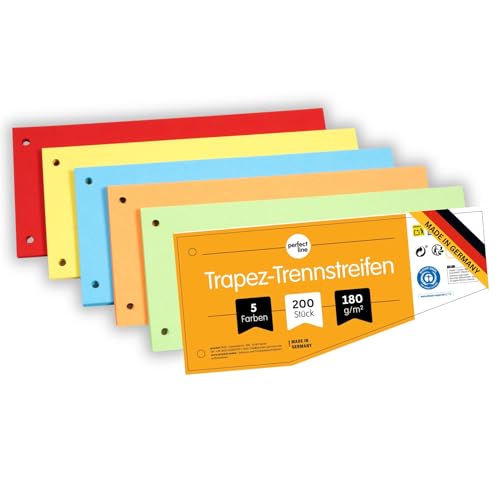 perfect line - 200 Trennstreifen für Ordner A4, Trennblätter aus Recycling-Karton, Trapez-Form, 5 Farben, 2 fach gelocht, Made in Germany, Blauer Engel zertifiziert