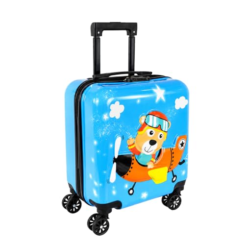 Image of Storite 18In Kids Luggage Trolley Hard Shell Cabin Suitcase | Cute Cartoon Bear Pilot Design Suitcase Ideal For School Trips Vacations Holidays And Weekend Travel (Blue - 35 x 23 x 38 Cm)