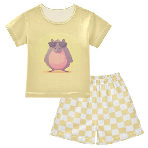Checkerboard Plaid Sunglasses Yellow Pajama Set Short Sleeve Sleepwear Soft Pajamas Shorts Sets Cotton PJS 5Y
