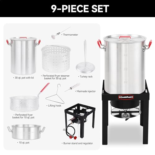 Image of Creole Feast TFP1030 30 Qt. Turkey Fryer and 10 Qt. Fish Fryer Kit with 50,000 BTUs Propane Burner, Outdoor Deep Fryer & Seafood Boiler Steamer for Outdoor Cooking, Silver & Black