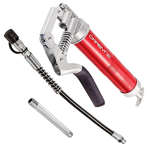 Carbyne Pistol Grip Mini Grease Gun, 3000 Psi, Heavy Duty Professional Quality, Anodized Aluminum Barrel. 12 Inch Heavy Duty Reinforced Flex Hose, 4 Inch Rigid Tube & Coupler. 2-Way Loading #TOP6