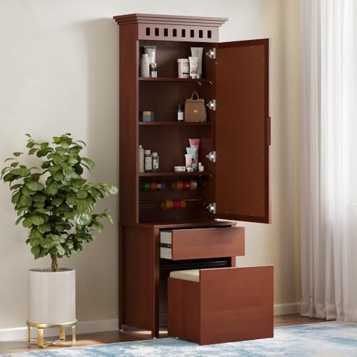Image of Wakefit Dressing Mirror | 3 Years Warranty | Wardrobe with Storage and Mirror (Devore, Solid Wood - Golden Brown)