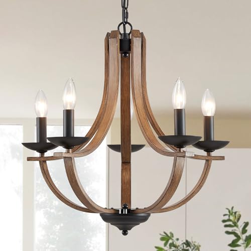 Cabvope Modern Farmhouse Chandelier 5-Light, 21" Candle Dining Room Chandelier for Bedroom Hallway Kitchen Foyer, Rustic Adjustable Height Hanging Metal Ceiling Light Fixtures, Wood Grain and Black by Cabvope - Used condition - US$80.91