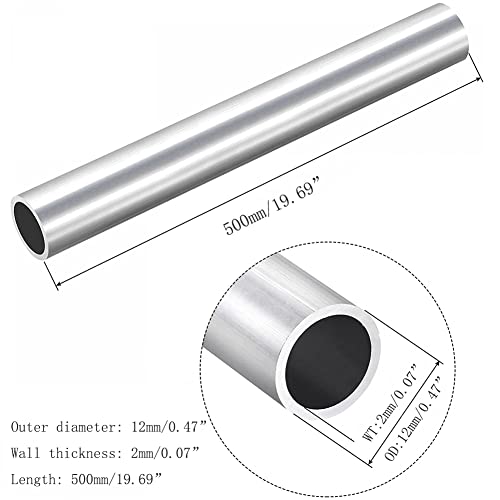 6063 Aluminum Tubes - Set of 2, Thick Wall Round Aluminum Straight tube, Outer Diameter 12mm, Wall thickness 2mm, Length 500mm