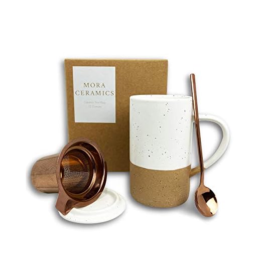 Mora Ceramics Tea Cup with Loose Leaf Infuser, Spoon and Lid, 12 oz, Microwave and Dishwasher Safe Coffee Mug - Rustic Matte Ceramic Glaze, Modern Herbal Tea Strainer - Great Gift for Women, Petro