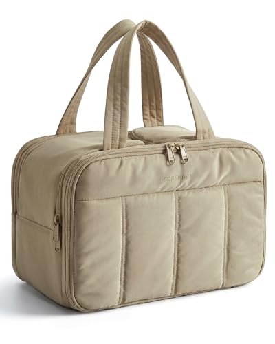 BAGSMART Travel Toiletry Bag, Puffy Large Toiletry Bag for Women, Lightweight Cosmetic Makeup Bag Organizer with Handle for Traveling, Accessories, Essentials, Toiletries (Grayish Brown)