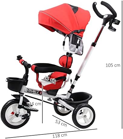 HOMCOM 4 in 1 Tricycle for Kids Toddler Folding Trike with Parent Handle Reversible Seat Adjustable Handle Removable Canopy Safety Belt for 18 Months to 5 Years Red