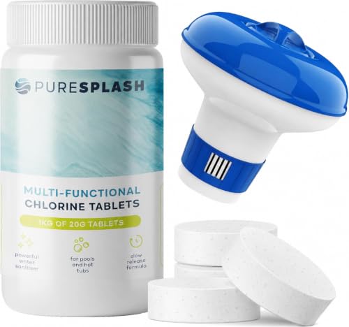 ! 1kg 4-in-1 Chlorine Tablets with Floating Dispenser Hot Tub & Pool Chemicals for Inflatable Paddling & Above-Ground Pools | Sanitiser Algaecide Stabiliser Clarifier