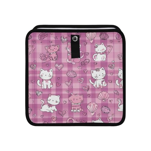 Image of Car Trash Can Organizer Bin with Adjustable Strap for Back Front Seat Console Waterproof Leakproof Collapsible Portable 11 Inch Checkered Pink Kittens Hearts Shells