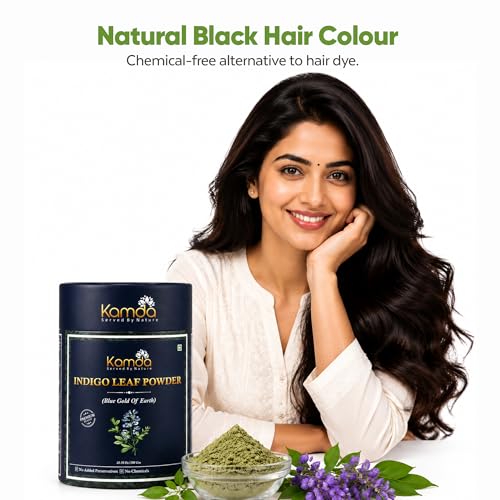 Image of Kamda Natural Indigo Powder for Hair & Beard Pack of 1 | 100% Pure Herbal Hair Color | Chemical-Free Grey Hair Coverage | No Ammonia, No PPD | Natural Black & Brown Shade with Henna | Men & Women | Conditions & Strengthens Hair