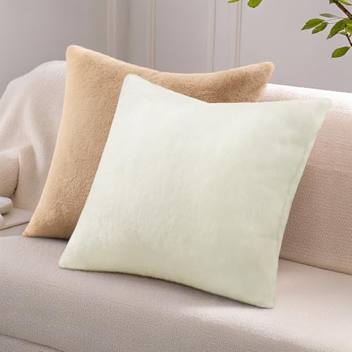 Pallene Faux Fur Plush Throw Pillow Covers 24x24 Set of 2, Soft Fluffy Couch Pillow Covers for Living Room, Cream White