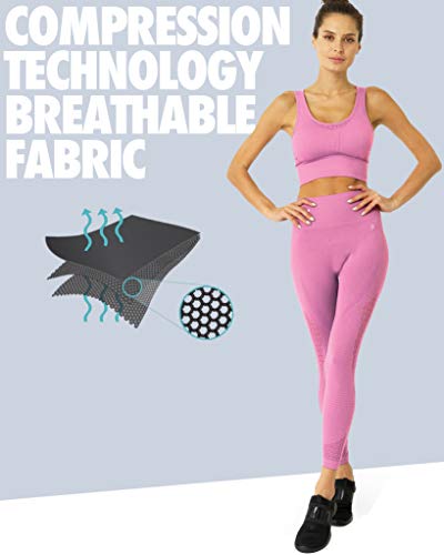 Savoy Active 2 Piece Workout Set Mesh Seamless High Waist Compression Leggings with Cutouts + Sports Bra Crop Top for Women - Pink - Large - Thumbnail 6