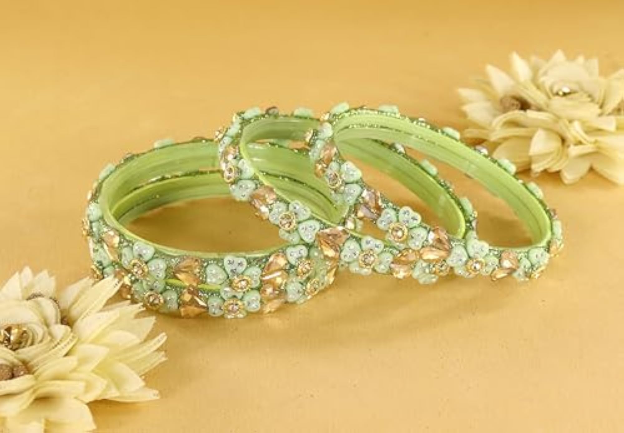 Stylish Glass Bangles Bracelet Set with Golden Zircon Diamonds