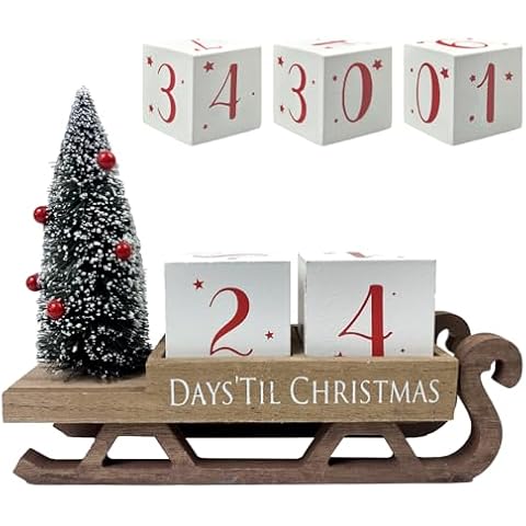 HOMirable Christmas Countdown Blocks Santa Sleigh Advent Calendar 99 Days Christmas Tree Decorations Wooden Farmhouse Rustic Sign Xmas Party Holiday Décor for Home Living Room, Mantel, Tiered Tray Cover