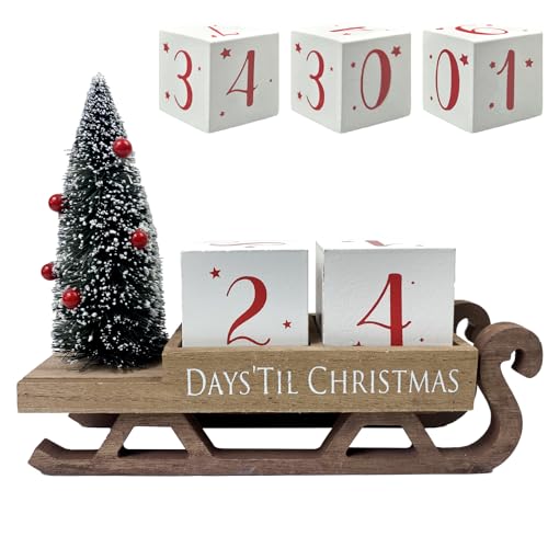 Christmas Countdown Blocks Santa Sleigh Advent Calendar 99 Days Christmas Tree Decorations Wooden Farmhouse Rustic Sign Xmas Party Holiday Décor for Home Living Room, Mantel, Tiered Tray