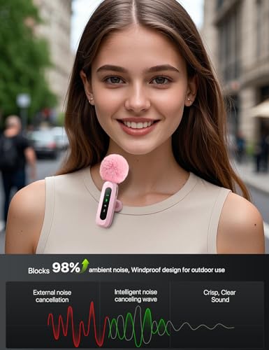 Image of Upgraded Mini Microphone for iPhone Android /iPad PC with LED Display, Wireless Clip-On Mics, USB C Lavalier Microphone with Noise Cancelling (for Lightning-USB-C Port, Pink)