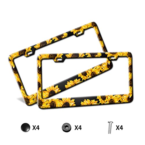 2 Pack Sunflower License Plate Frames Black License Plates Covers Aluminum Stainless Metal License Plate Holder Auto Car Accessories Tag Decorations For Women With 2 Holes Screws Standard Size #TOP1