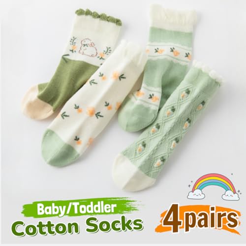 4 Pairs Toddler Baby Girl Boy Kids Socks, Green Cute Bunny Flower Soft Cotton Crew Socks, 0~5T (Large)2