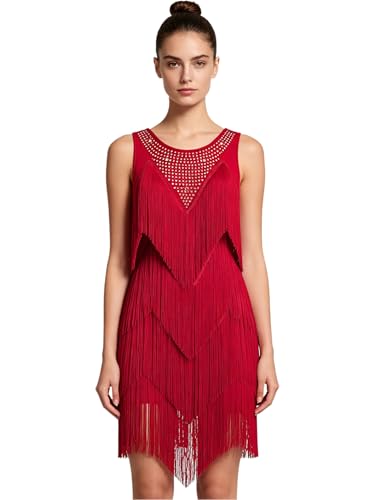 Miaeowve Femme Robe De Danse Latino pour Femmes Robe Danse Salon Flapper avec Paillettes Et Franges Latine pour Femmes avec Franges Body Rouge L