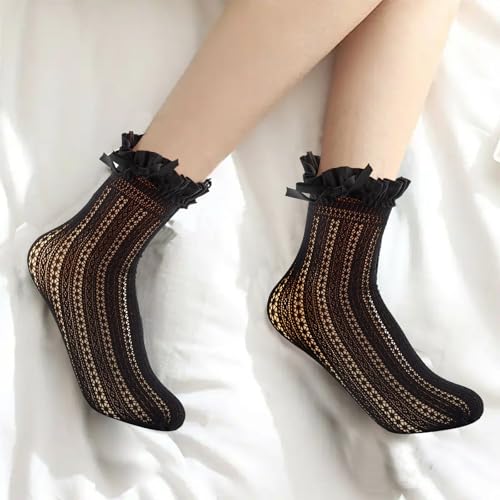 Image of Womens Lace Ankle Ruffle Socks - Lace Ruffle Frilly Mesh Cute Princess Ankle Dress Lace Bow Lace Socks for Girl,2 Pack