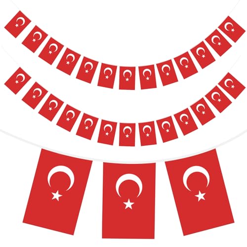G2PLUS 11M Türkei Flaggenkette, Girlande mit 40 Türkei Flaggen, Türkei Nationalflagge, 14x21CM Türkei Fähnchen Wimpelkette für Garten Bar Dekorationen