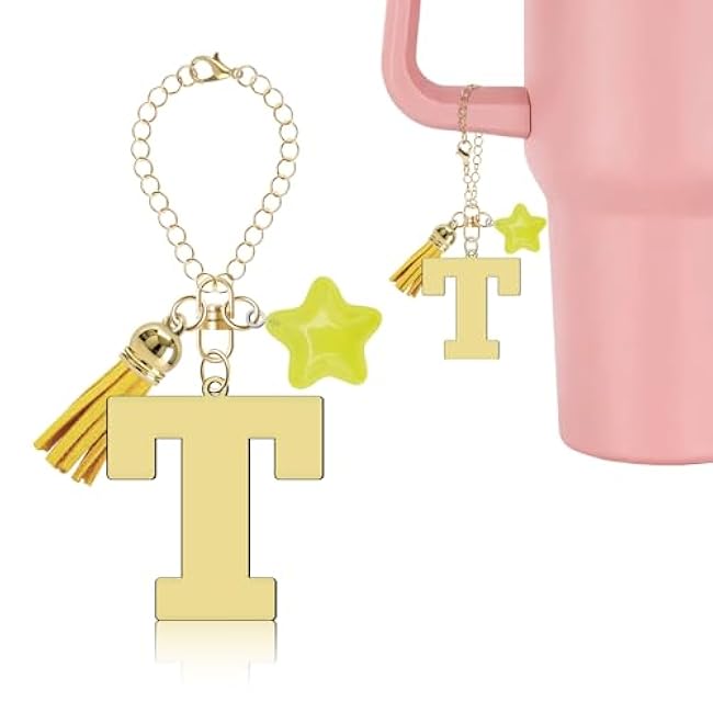 Gold Letter Charm for Stanley Cup Accessories, Cute Star Tassel Keychain Handle Charm, Monogram Water Bottle Chain