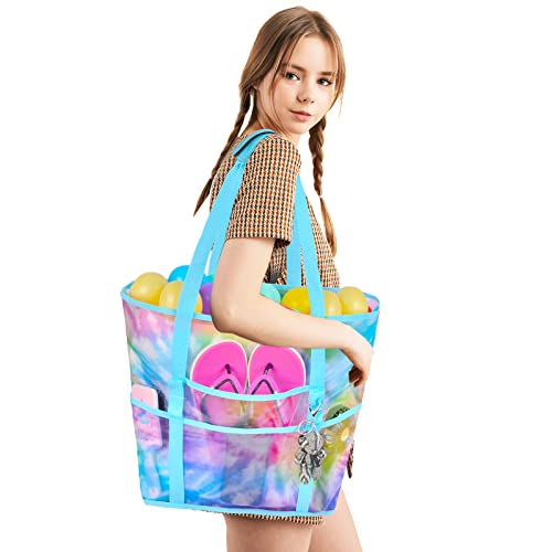 Mesh Beach Bag - Large Beach Tote Bag Women Pool Bags with Zipper 10 Pockets Foldable Beach Toy Bag for Towel, Flip Flops2