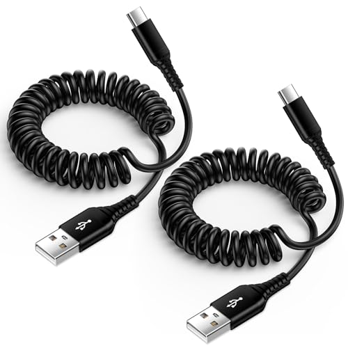 Coiled Cable USB C Phone Charger Cable Short for Car, 2Pack Android Auto Cable Type C Fast Charging Retractable Spring Cord for Samsung Galaxy S24 S23 S22 S21 S20 A14 A54 A34 A52 A53 Z Flip 5, Pixel 7