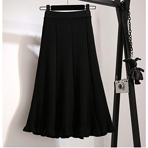 Rock Damen Langer Taille Skirt Linie Falten Frauen' S Strick Plissierter Rock Für Herbst Und Winter Skinny Midi A-Linie Rock Für Frauen Soliddicke Elastische Hohe Taille Lange Röck Cover