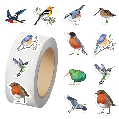 500PCS Birds Stickers 10 Styles Sticker Rolls Cartoon Birds Stickers Birds Party Favors Waterproof Vinyl Stickers(500 Per Roll)