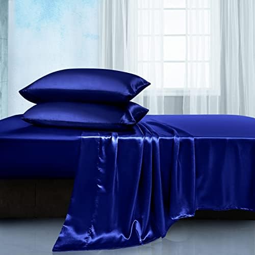 Manyshofu Satin Twin Sheets Set 3 Piece - Soft Silky Satin Sheets Set, Royal Blue Satin Bed Sheets Cooling & Luxury Bedding Sheet Set(1 Satin Fitted Sheet, 1 Satin Flat Sheet, 1 Satin Pillow case)