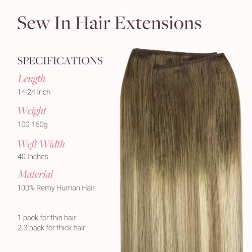 Image of GOO GOO Sew in Hair Extensions Real Human Hair, Weft Hair Extensions Human Hair, 3 /8 /613 Balayage Walnut Brown to Ash Brown and Bleach Blonde 20inch 130g, Weft Bundles Straight Silky Remy Hair