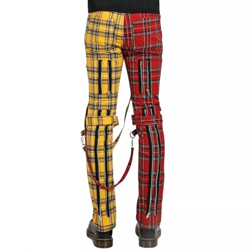 Punk Style Plaid Pants, Red and Yellow Split Color, Multi-Zipper Design,Trousers Unisex Tartan Pants Emo Punk Gothic Tapered2