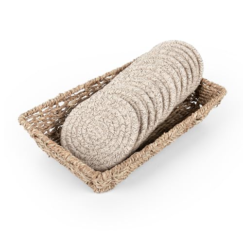 12 Pcs Handmade Woven Coasters for Drinks, Absorbent and Insulating Cotton Coasters with Seagrass Basket Holder set, Boho Perfect for Coffee Table and Home Decor