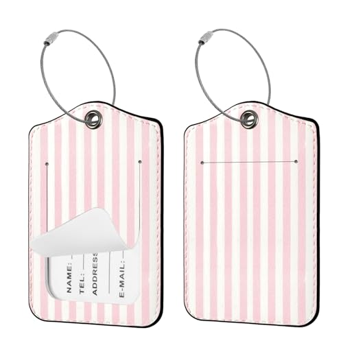 Seorsok 2Pcs Luggage Travel Tags for Suitcases Cute Striped PU Leather Name Tag with Privacy Cover&ID Label Address Card and Durable Metal Ring Suitable for Men Women Handbags Backpack Pink