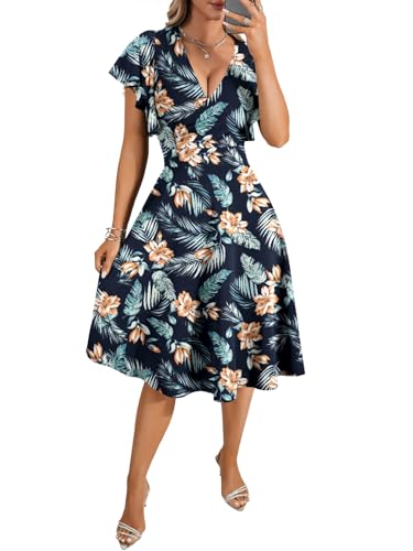 Image of LYANER Women's Warp V Neck Ruffle Short Sleeve A Line Swing Flared Cocktail Party Midi Dress