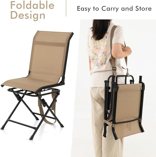 Silla de caza giratoria, silla plegable de camping con respaldo ergonómico, correa para el hombro y almohadillas antideslizantes, asiento ciego portátil y ligero