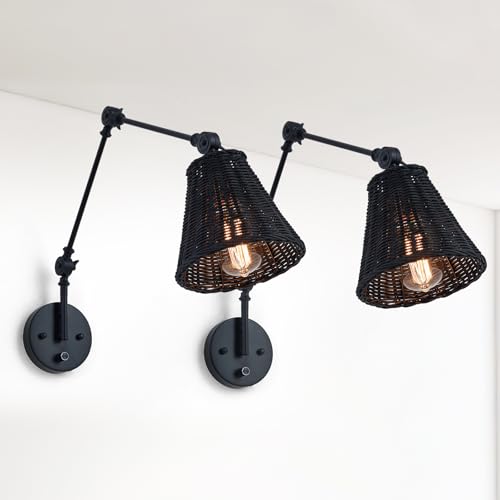 Image of Rattan Wall Sconce Set of Two, Boho Dimmable On Off Switch Wall Light Fixtures with Hand Woven Wicker Lamp Shade, Black Adjustable Swing Arm Wall Mount Lighting Fixture for Bedroom Bedside Living Room