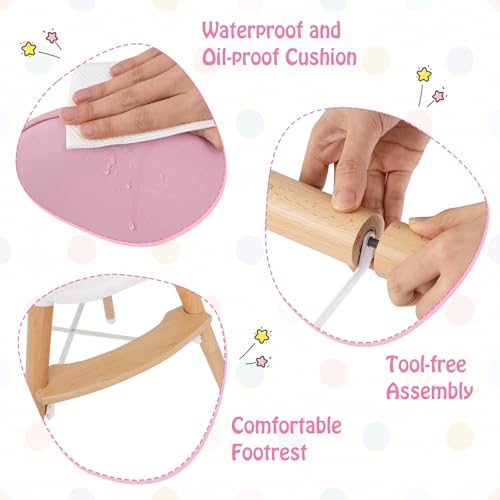 Image of BABY JOY Baby High Chair, Wooden High Chair for Babies & Toddlers with Dishwasher Safe Double Removable Tray, Infant Feeding Chair with 5-Point Safety Harness & Detachable PU Seat Cushion (Pink)