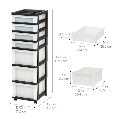 Image of IRIS USA 7-Drawer Rolling Storage Cart, Black /Pearl | Keep classroom supplies, teacher essentials, craft materials, and learning tools organized with easy-access drawers.