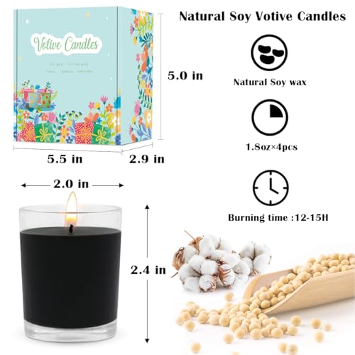 Image of Unscented Black Votive Candles in Glass, 2 Inch Natural Soy Wax Scentless Candles for Halloween Wedding Party Home Holidays Relaxation Spa, 12-15 Hour Burning Time, 4 Packs
