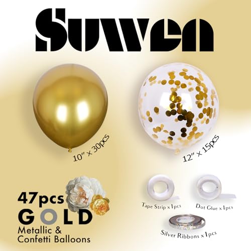 Image of SUWEN Metallic Gold and Confetti Balloons Set 47PCS Latex Helium Chrome | Gold Balloon for Birthday Graduation Anniversary Party Decorations