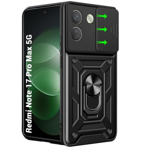 Image of TheGiftKart Tough Armor Bumper Back Cover Case for Redmi Note 17 Pro Max 5G | Sliding Camera Cover, Kickstand & Ring Holder | 360 Degree Protection Back Cover Case (PC & TPU, Black)